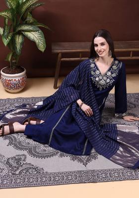 Teal Embroidered Silk Kurta Set