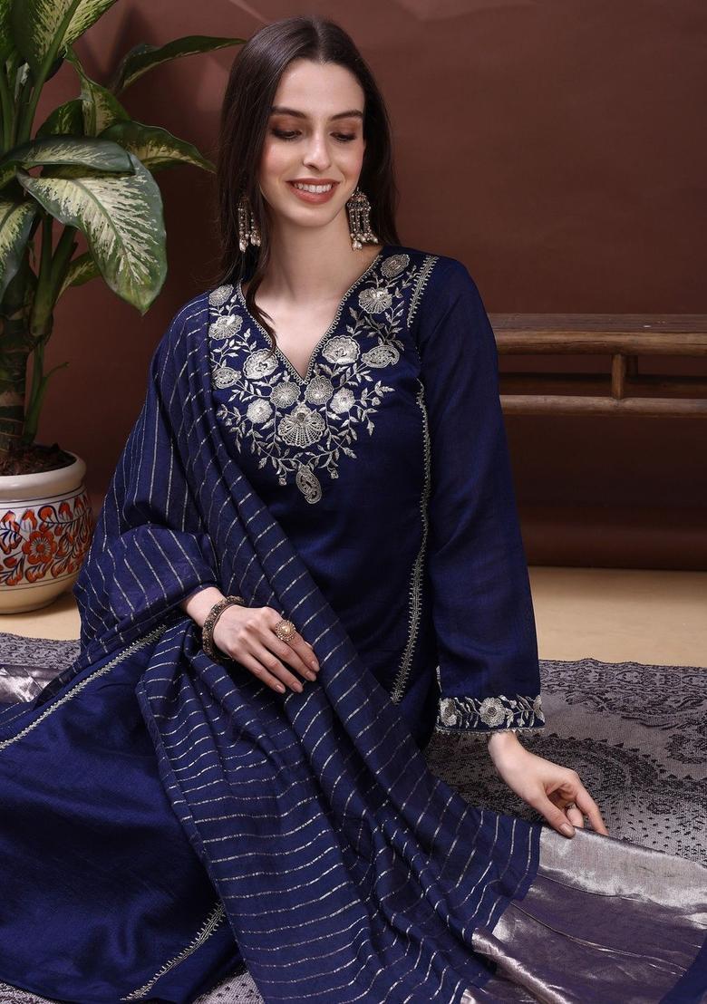 Teal Embroidered Silk Kurta Set - Indya