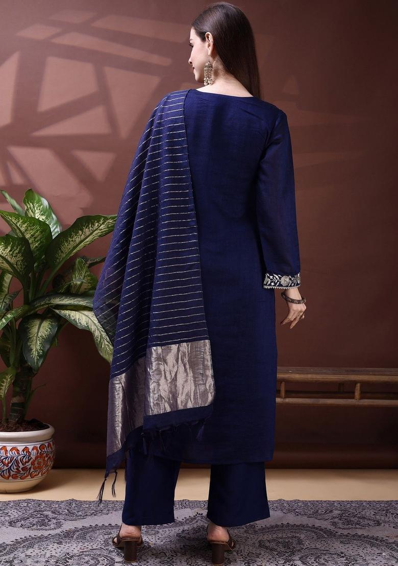 Teal Embroidered Silk Kurta Set - Indya