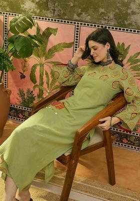 Green Printed Cotton Kurta Set