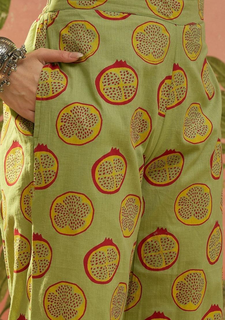 Green Printed Cotton Kurta Set - Indya