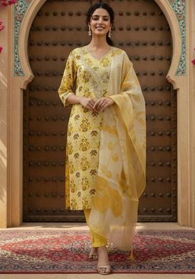 Yellow Printed Polyester Kurta Set