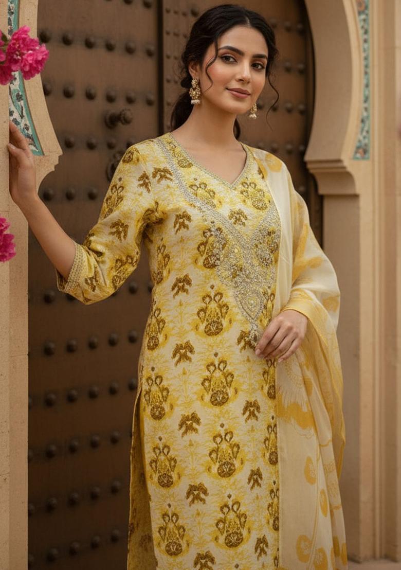 Yellow Printed Polyester Kurta Set - Indya