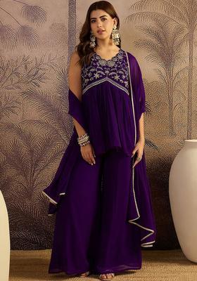 Purple Embroidered Georgette Kurta Set