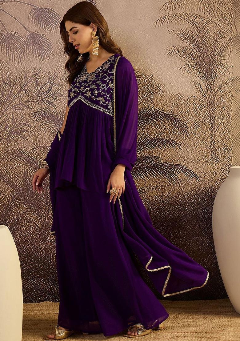 Purple Embroidered Georgette Kurta Set - Indya