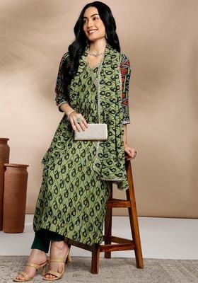 Green Printed Georgette Kurta Set