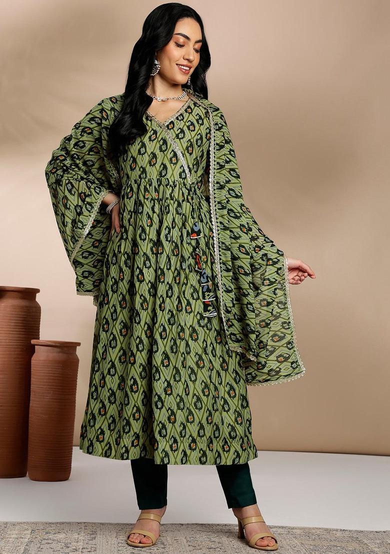 Green Printed Georgette Kurta Set - Indya