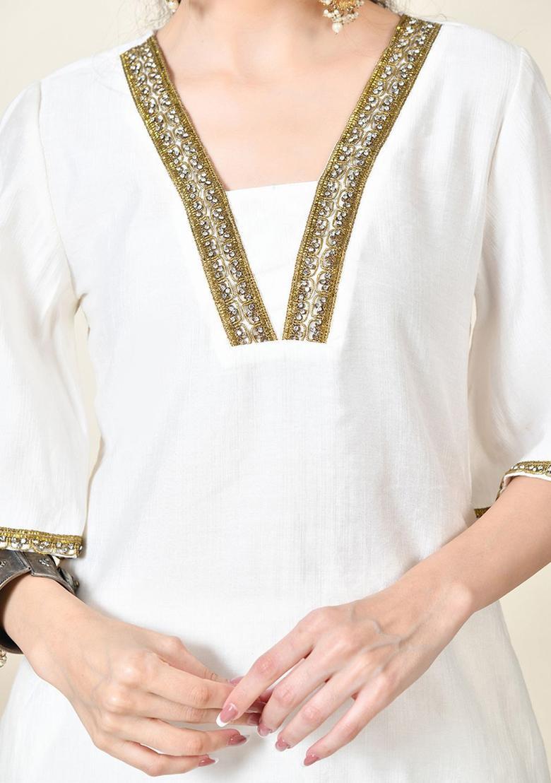 White Embroidered Silk Kurta Set - Indya