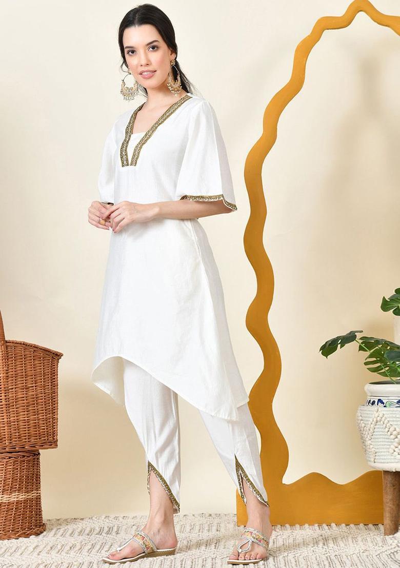 White Embroidered Silk Kurta Set - Indya