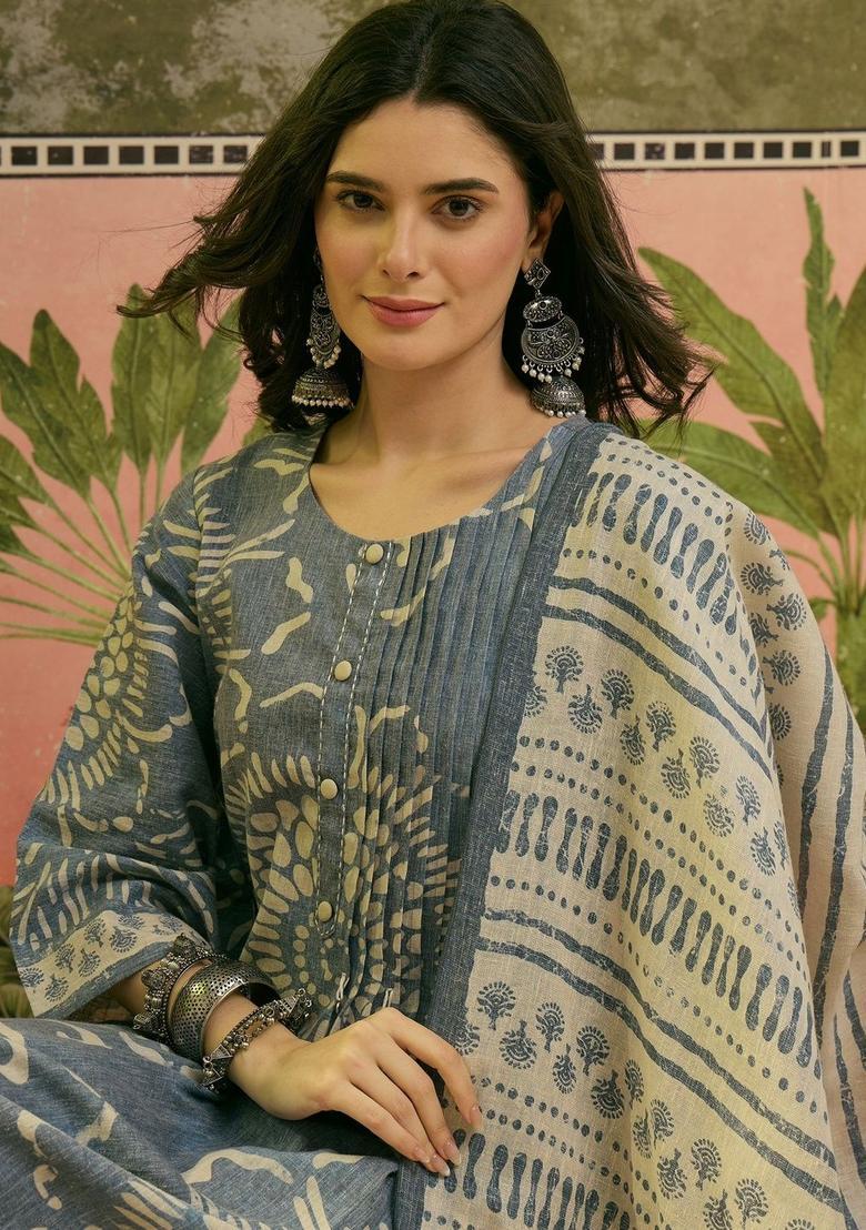 Blue Printed Cotton Kurta Set - Indya