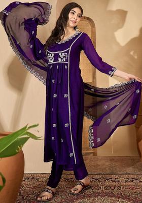 Purple Embroidered Silk Kurta Set