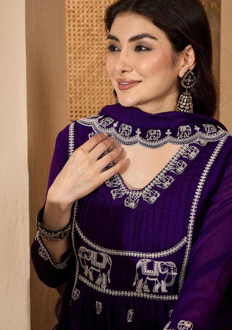 Purple Embroidered Silk Kurta Set - Indya