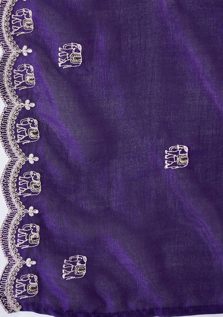 Purple Embroidered Silk Kurta Set - Indya