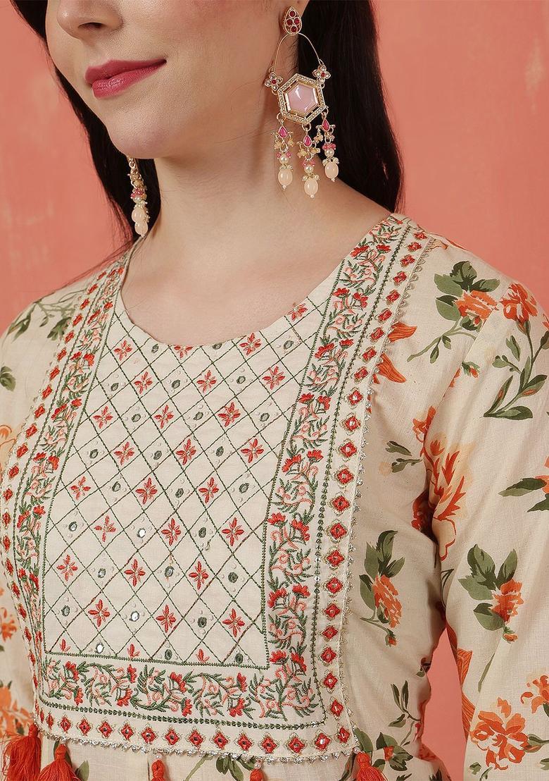 Yellow Embroidered Cotton Kurta Set - Indya