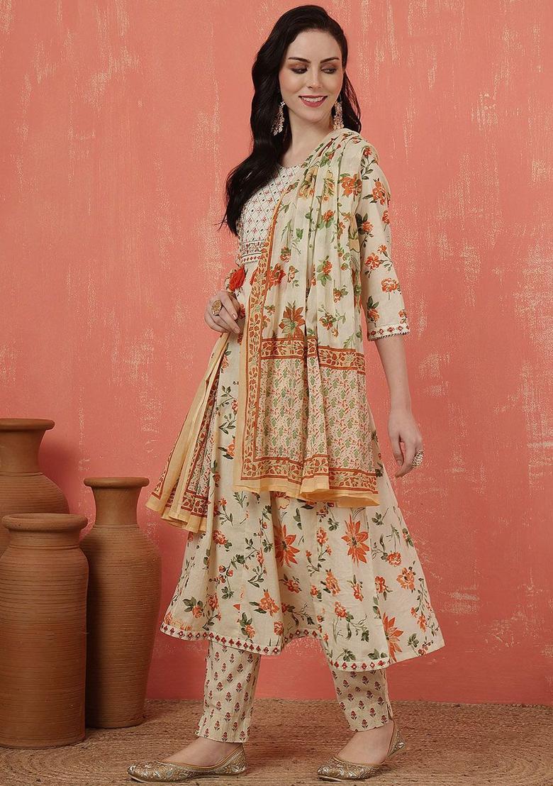 Yellow Embroidered Cotton Kurta Set - Indya