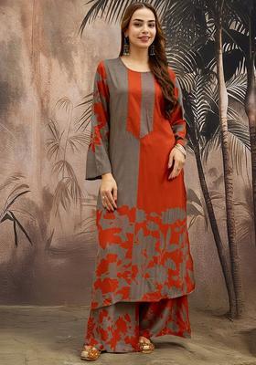 Rust Printed Viscose Kurta Set