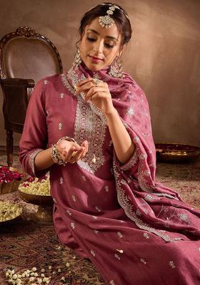 Mauve Embroidered Silk Blend Kurta Set