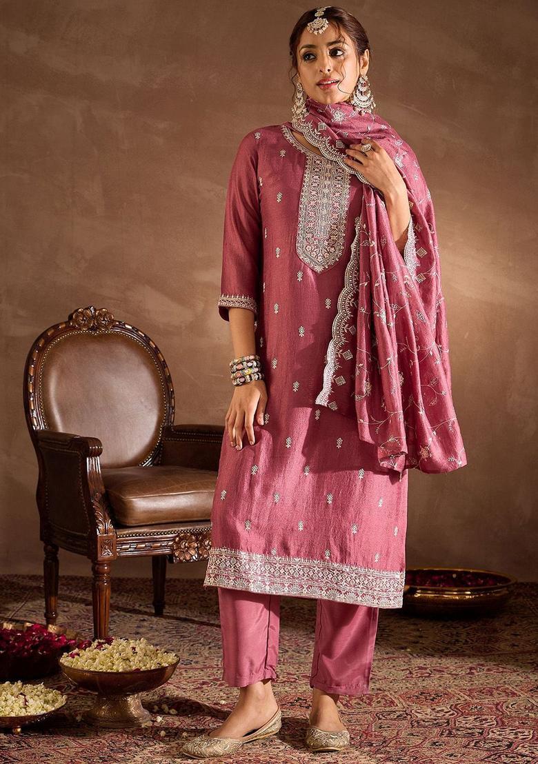 Mauve Embroidered Silk Kurta Set - Indya