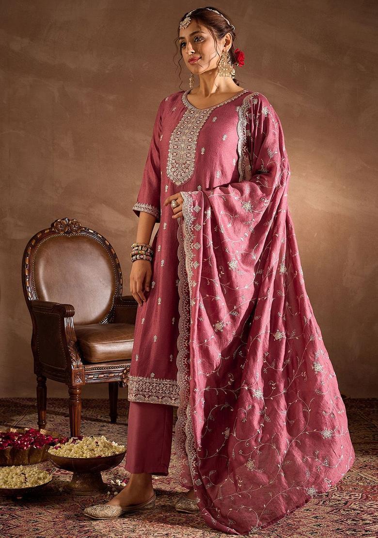 Mauve Embroidered Silk Kurta Set - Indya