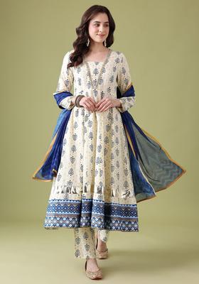 Cream Printed Polyester Kurta Set