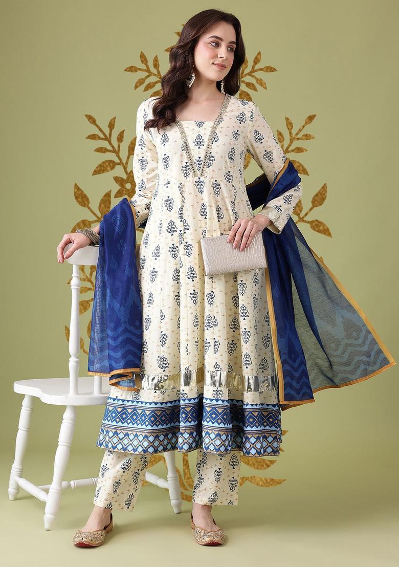 Cream Printed Polyester Kurta Set - Indya
