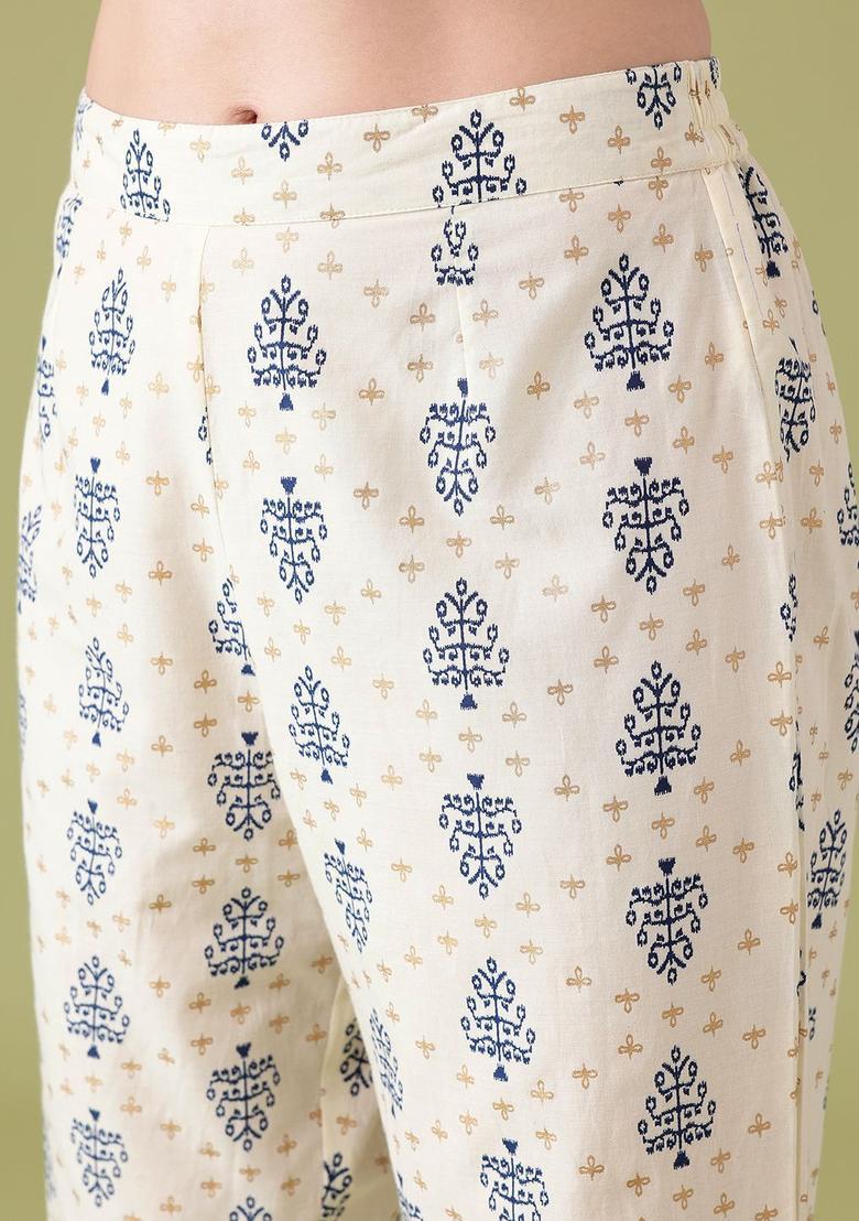 Cream Printed Polyester Kurta Set - Indya