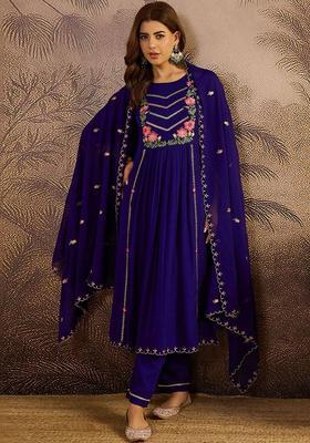 Blue Embroidered Silk Kurta Set