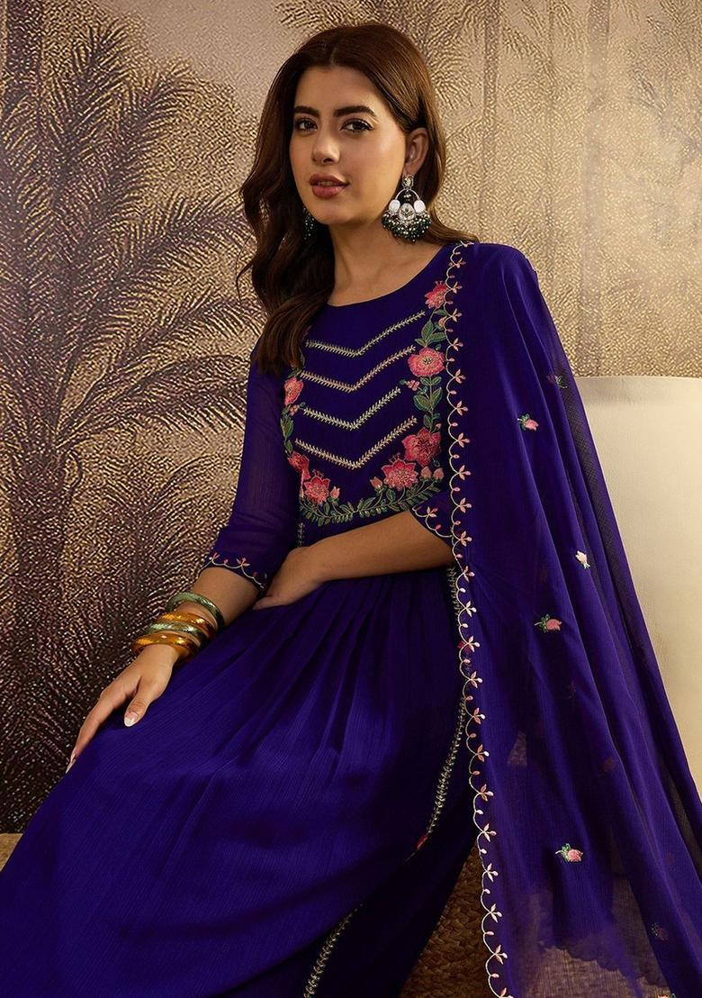 Blue Embroidered Silk Kurta Set - Indya