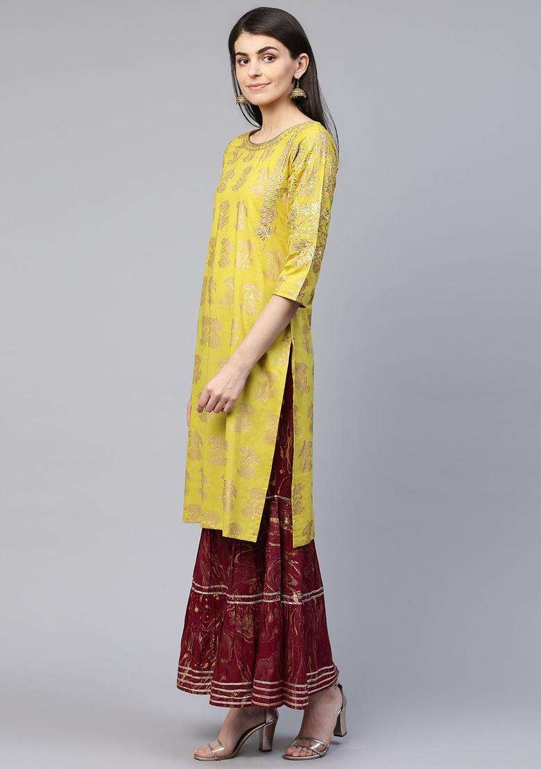 Lime Green  Blended Kurta - Indya