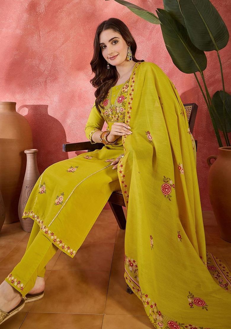Lime Green Embroidered Silk Kurta Set - Indya