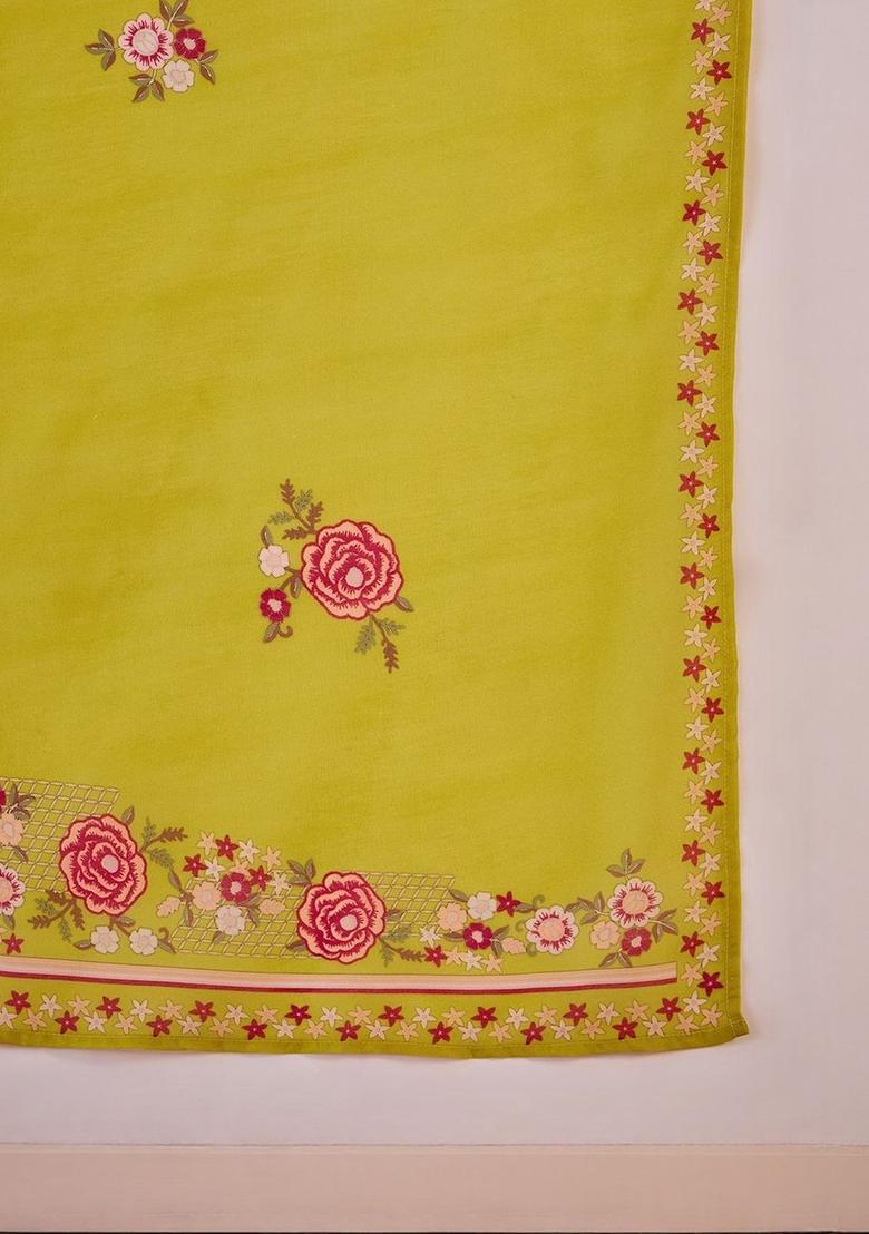 Lime Green Embroidered Silk Kurta Set - Indya