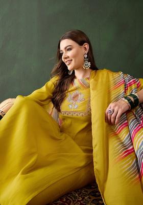Yellow Embroidered Silk Kurta Set