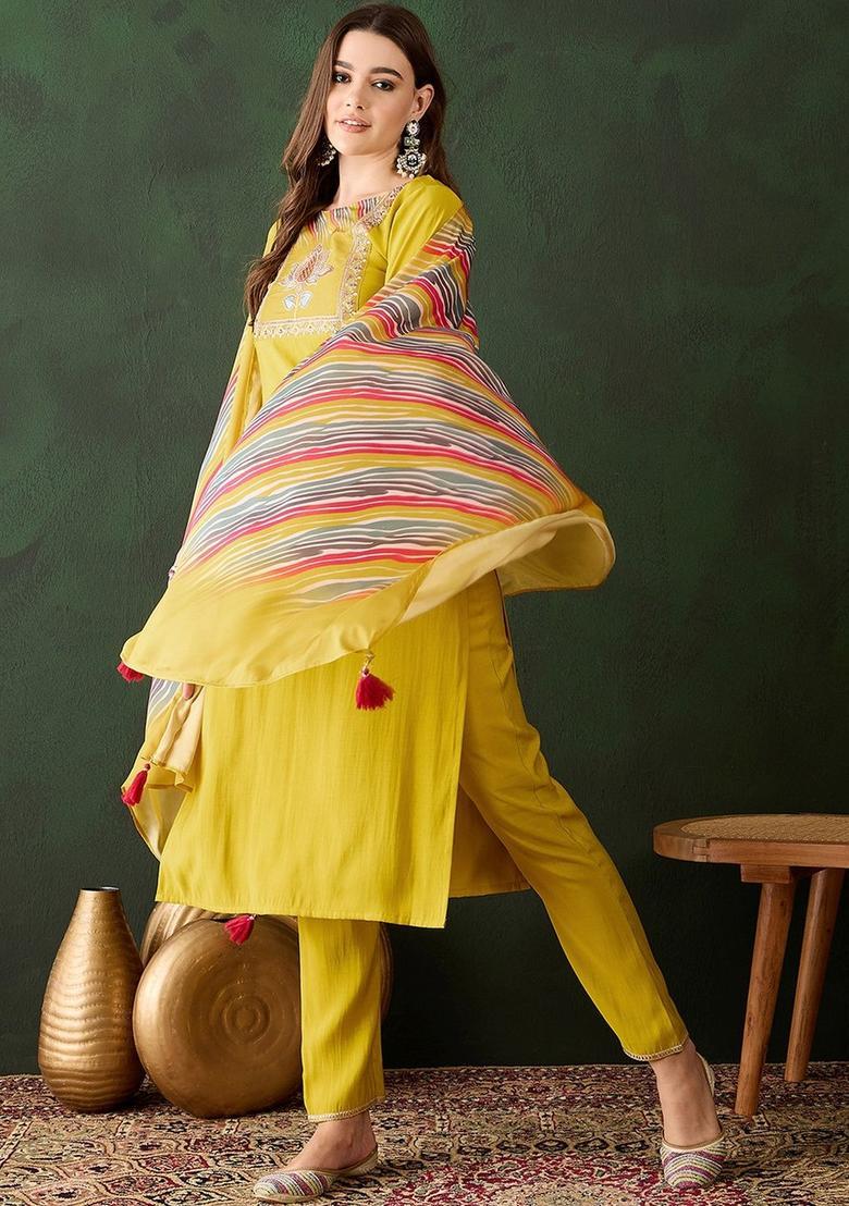 Yellow Embroidered Silk Kurta Set - Indya