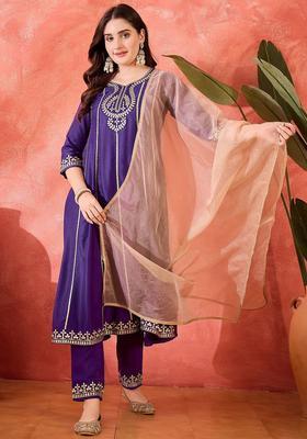 Purple Embroidered Silk Kurta Set