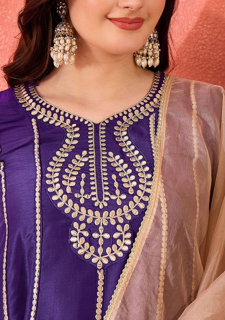 Purple Embroidered Silk Kurta Set - Indya
