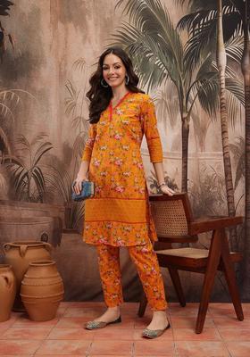 Yellow Printed Cotton Kurta Set