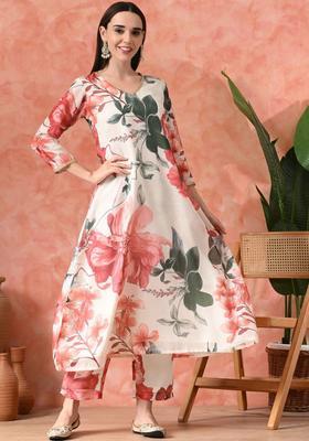 White Printed Silk Kurta Set