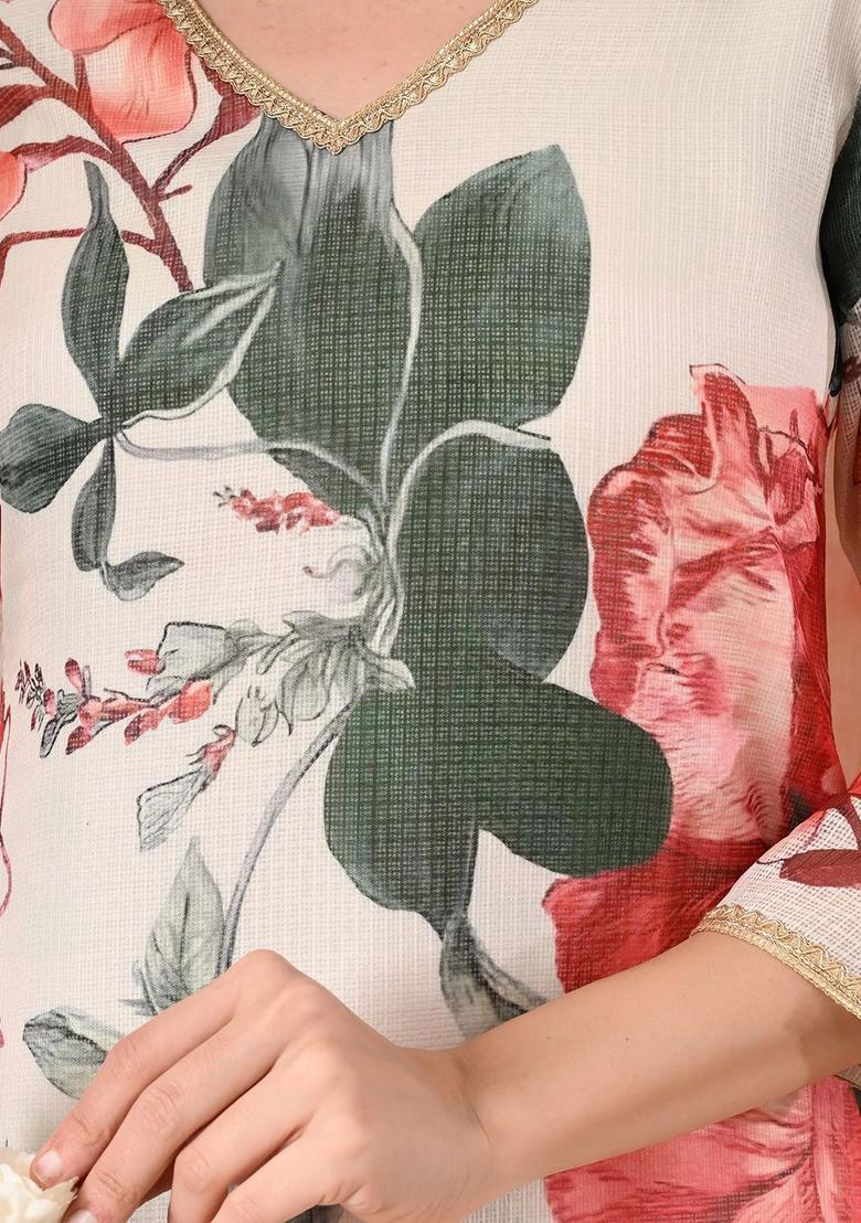 White Printed Silk Kurta Set - Indya