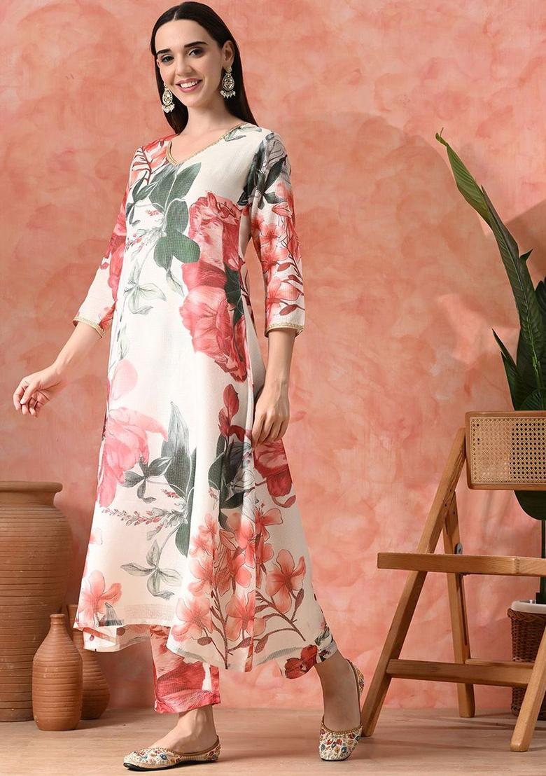 White Printed Silk Kurta Set - Indya