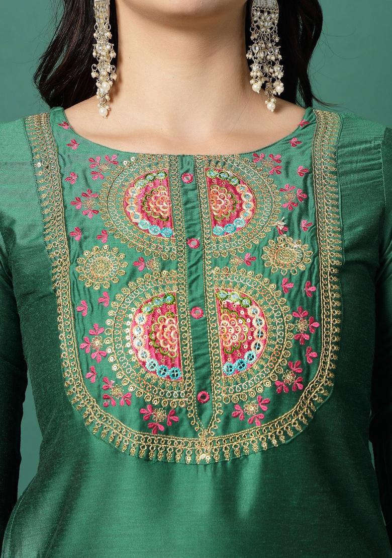 Green Yoke Design Polyester Kurta Set - Indya