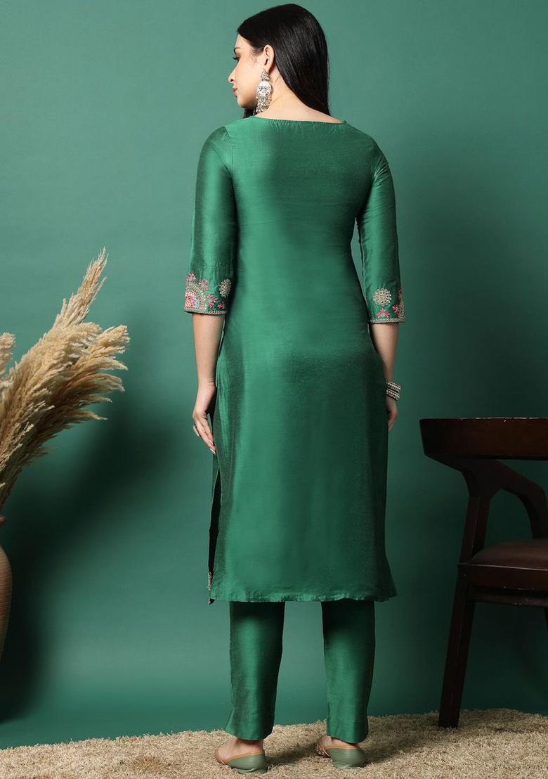 Green Yoke Design Polyester Kurta Set - Indya