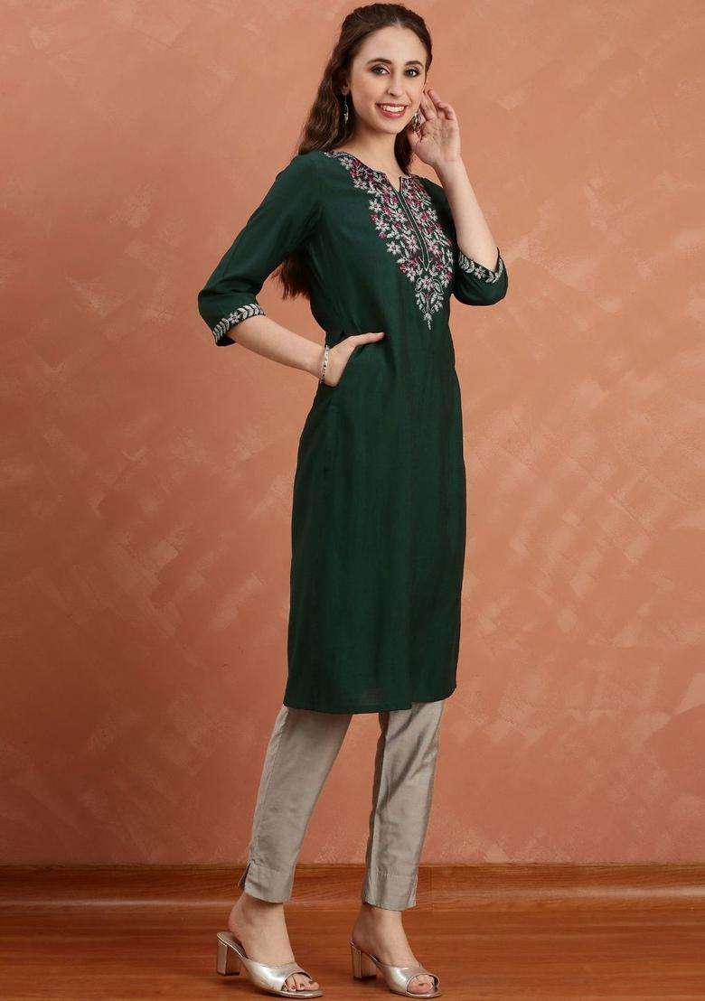 Green  Blended Kurta - Indya