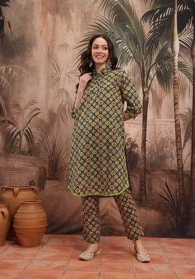 Black Printed Cotton Kurta Set