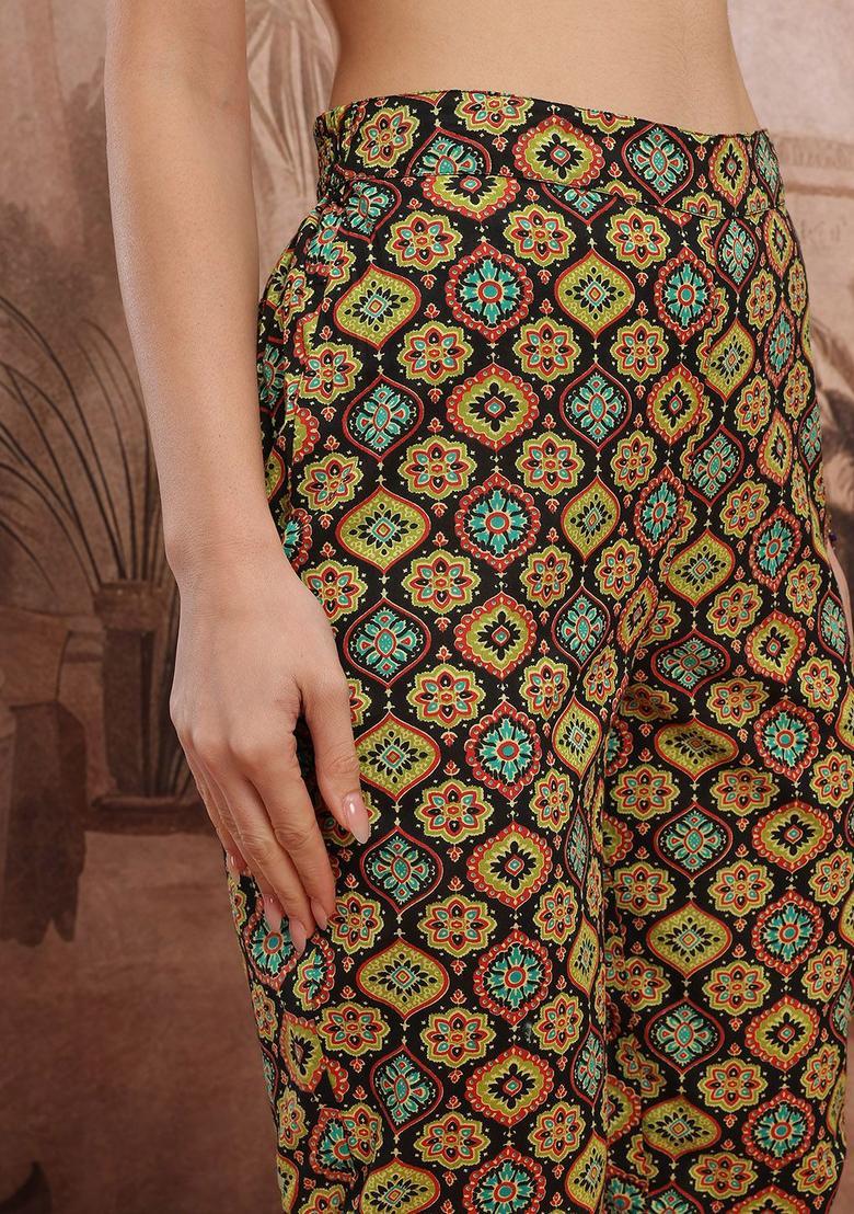 Black Printed Cotton Kurta Set - Indya