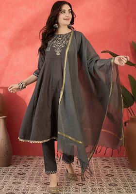 Grey Embroidered Cotton Anarkali Set