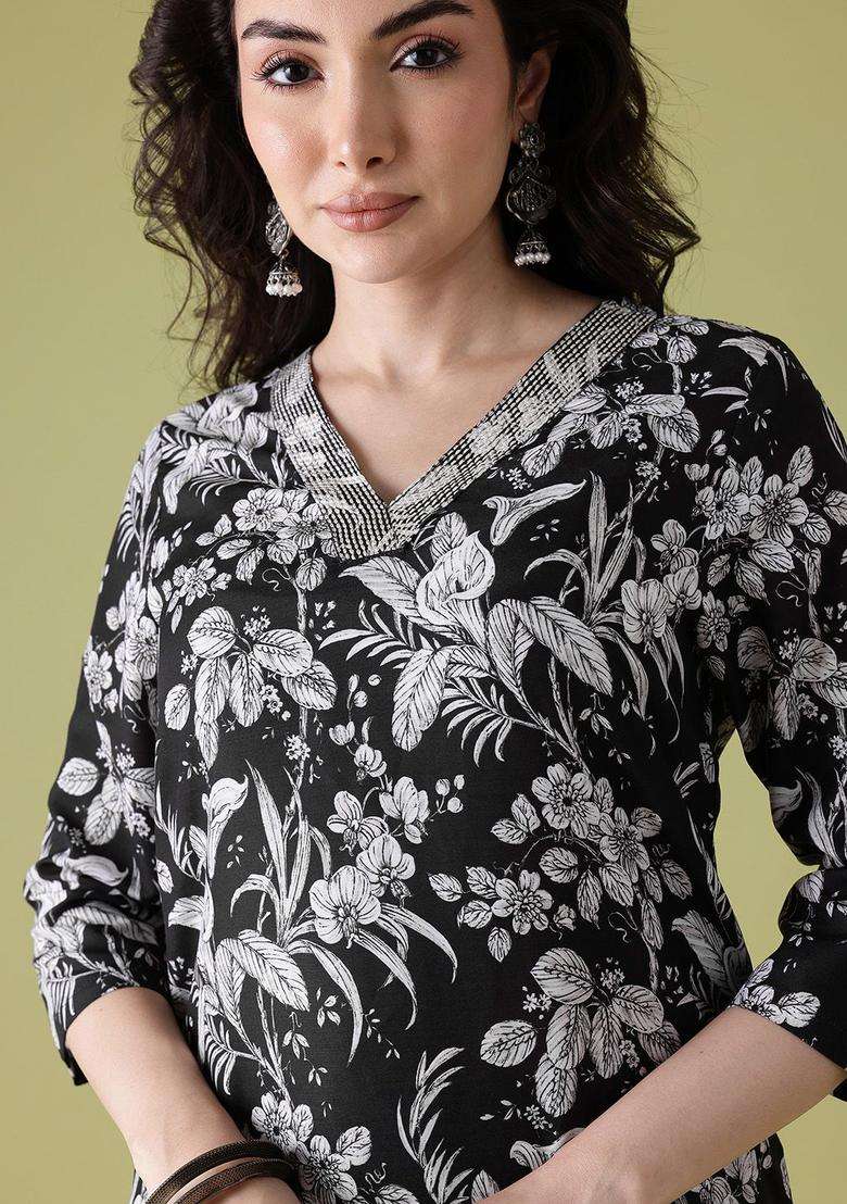 Black Printed Polyester Kurta Set - Indya