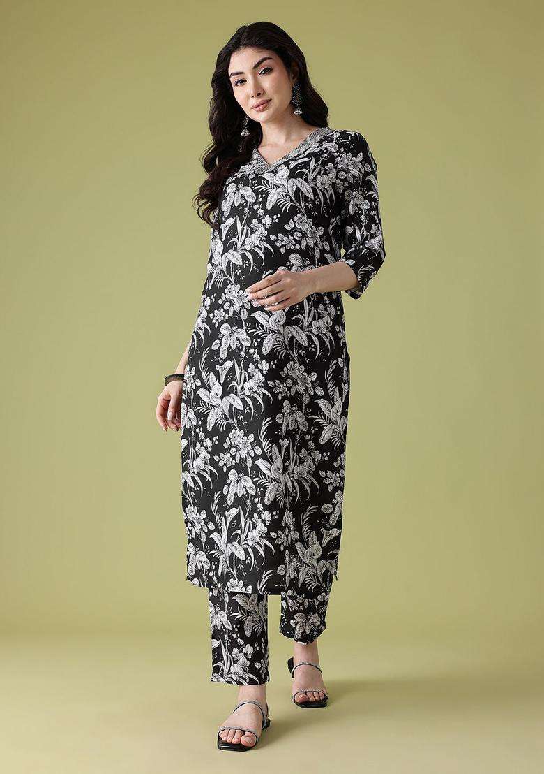 Black Printed Polyester Kurta Set - Indya