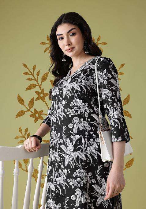 Black Printed Polyester Kurta Set