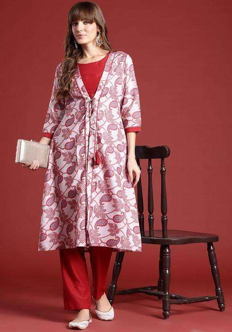 Maroon Printed Polyester Kurta Set