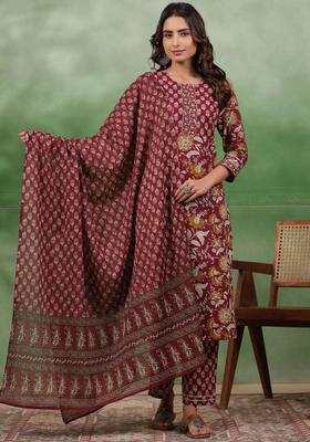 Maroon Printed Cotton Kurta Set